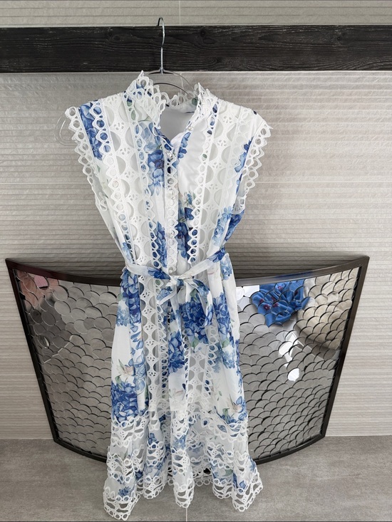 Chicwish Dresses & Skirts - Chicwish White & Blue Floral Eyelet Lace Midi Dress